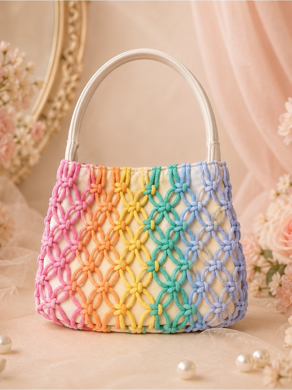 Art Class Girls Rainbow Macrame Purse Cream Boho Handbag One Size